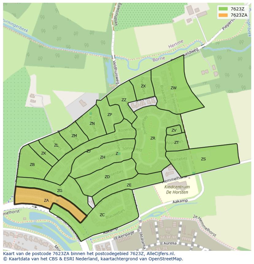 Afbeelding van het postcodegebied 7623 ZA op de kaart.