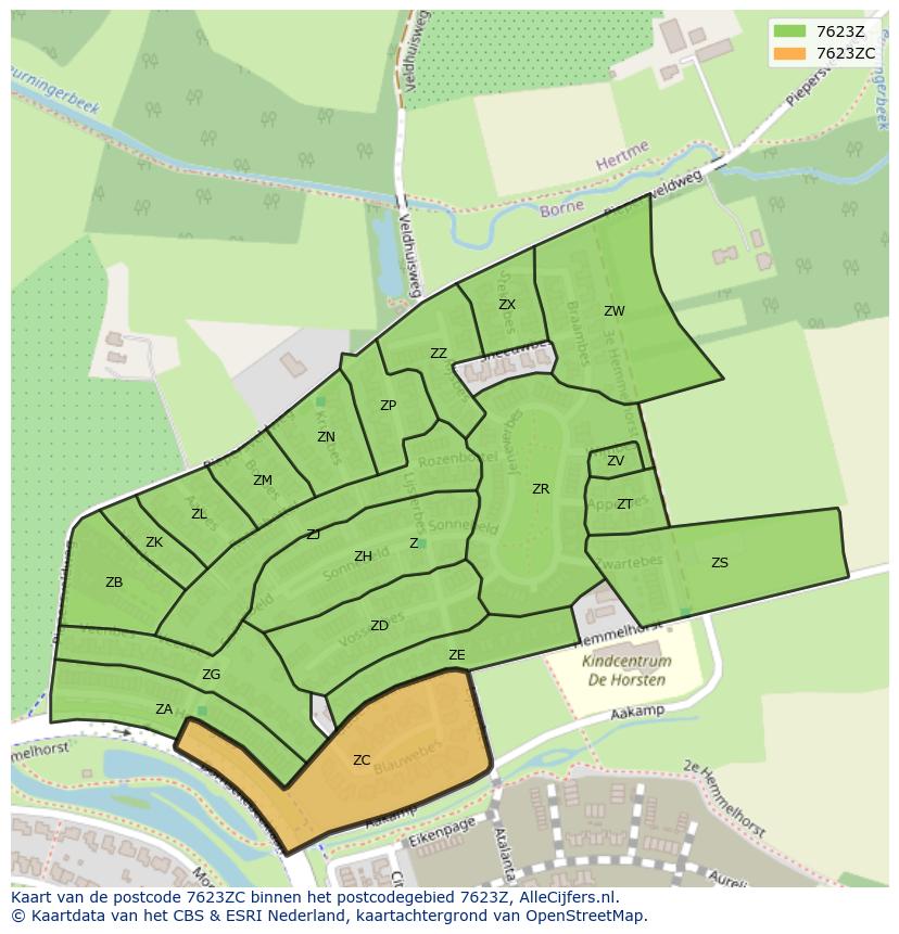 Afbeelding van het postcodegebied 7623 ZC op de kaart.