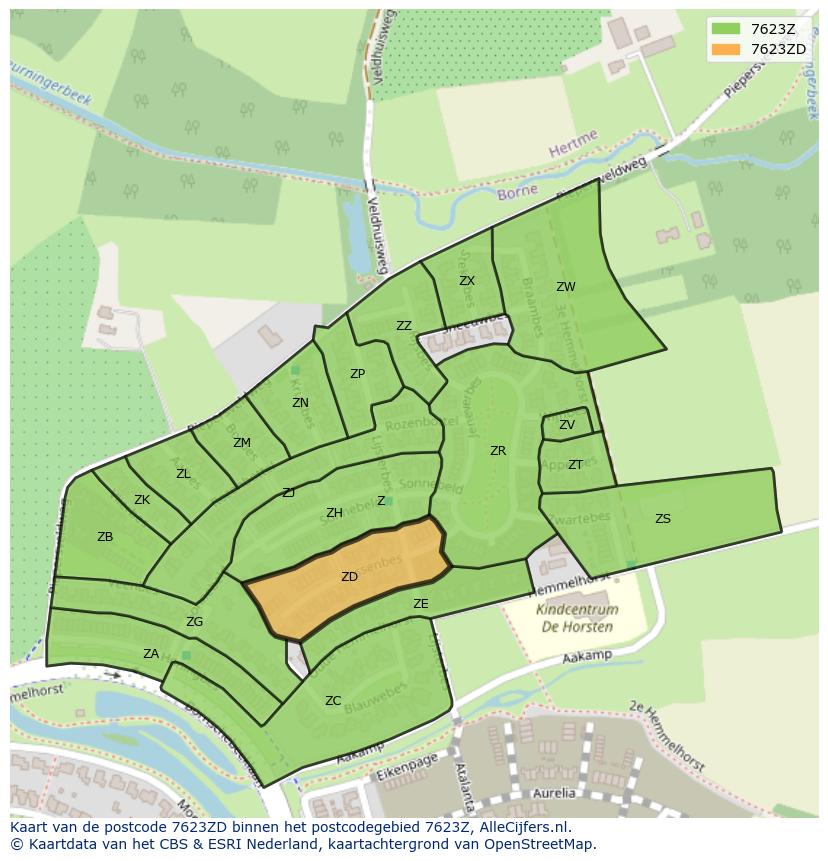 Afbeelding van het postcodegebied 7623 ZD op de kaart.