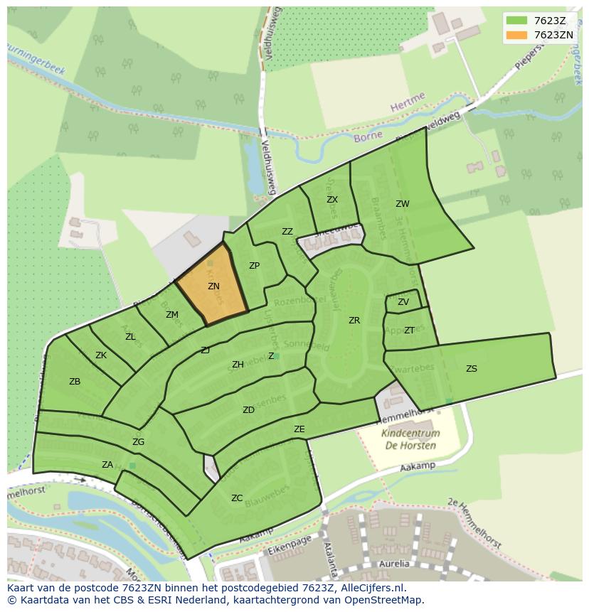 Afbeelding van het postcodegebied 7623 ZN op de kaart.