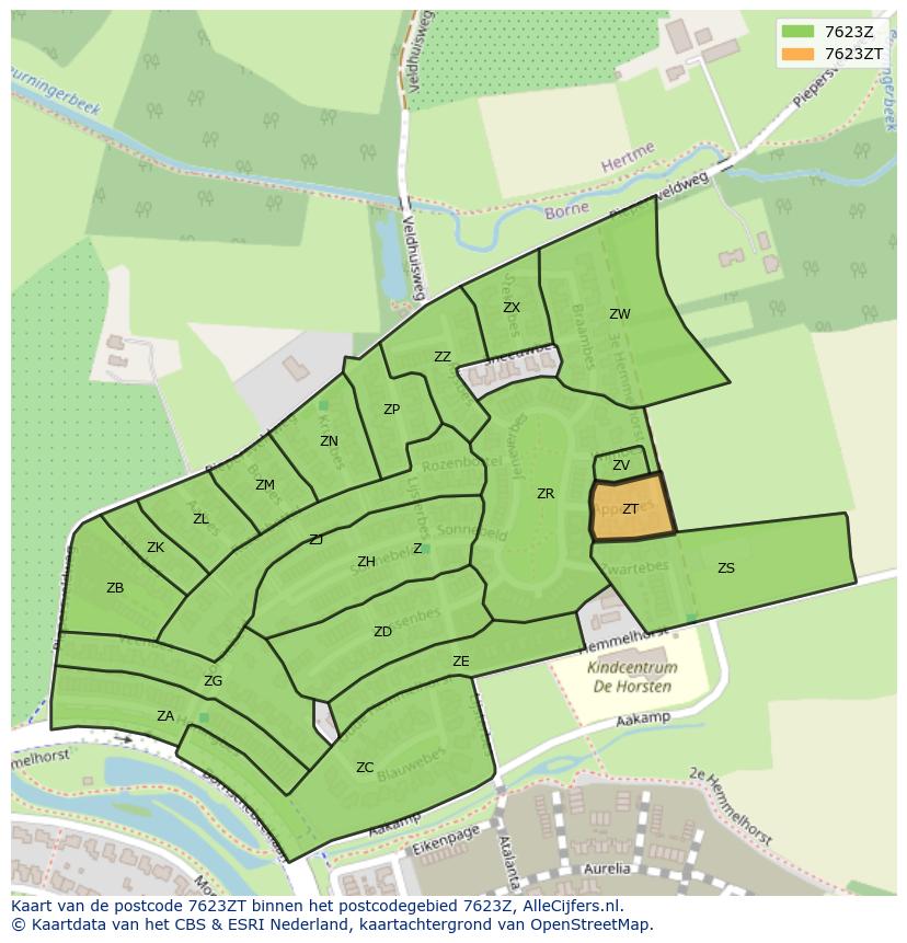 Afbeelding van het postcodegebied 7623 ZT op de kaart.