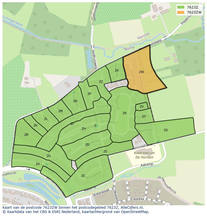 Afbeelding van het postcodegebied 7623 ZW op de kaart.