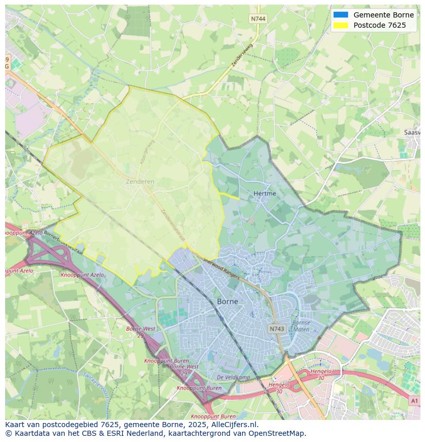 Afbeelding van het postcodegebied 7625 op de kaart.