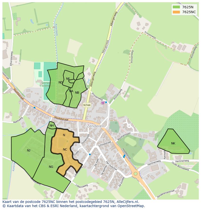 Afbeelding van het postcodegebied 7625 NC op de kaart.