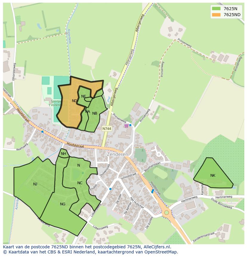 Afbeelding van het postcodegebied 7625 ND op de kaart.