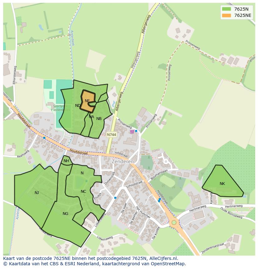 Afbeelding van het postcodegebied 7625 NE op de kaart.