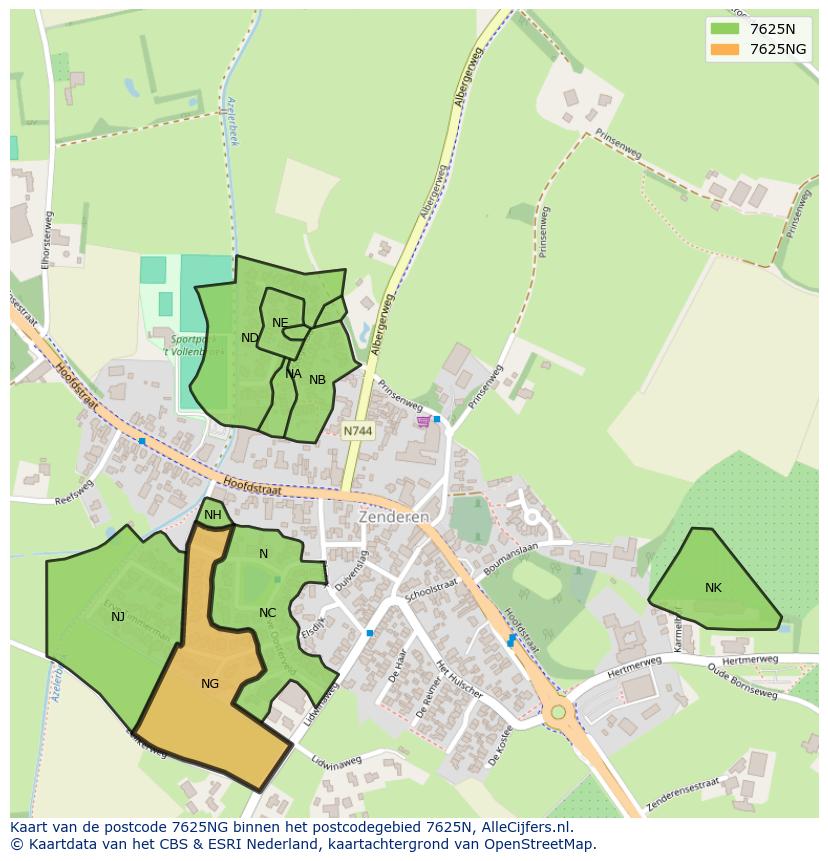 Afbeelding van het postcodegebied 7625 NG op de kaart.