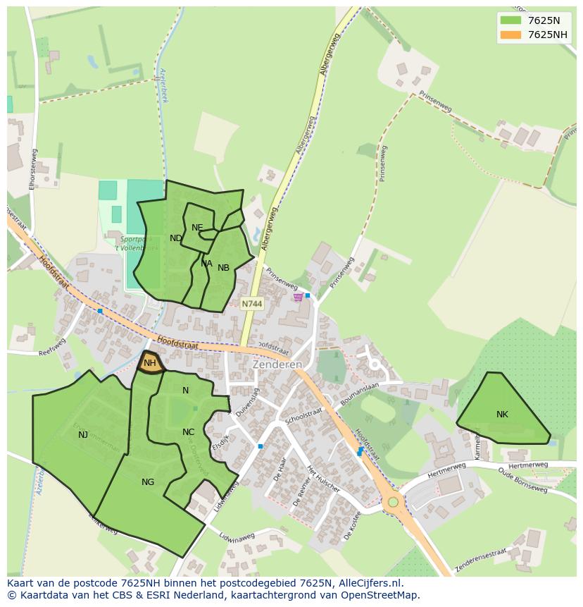 Afbeelding van het postcodegebied 7625 NH op de kaart.