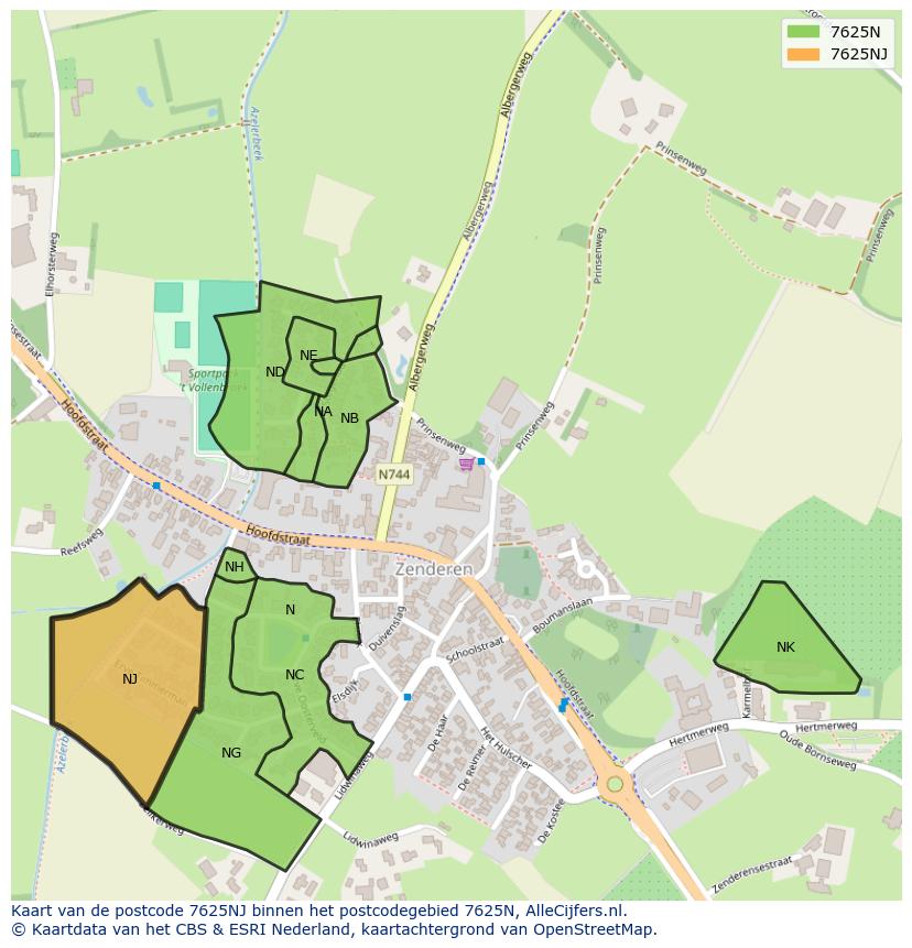 Afbeelding van het postcodegebied 7625 NJ op de kaart.