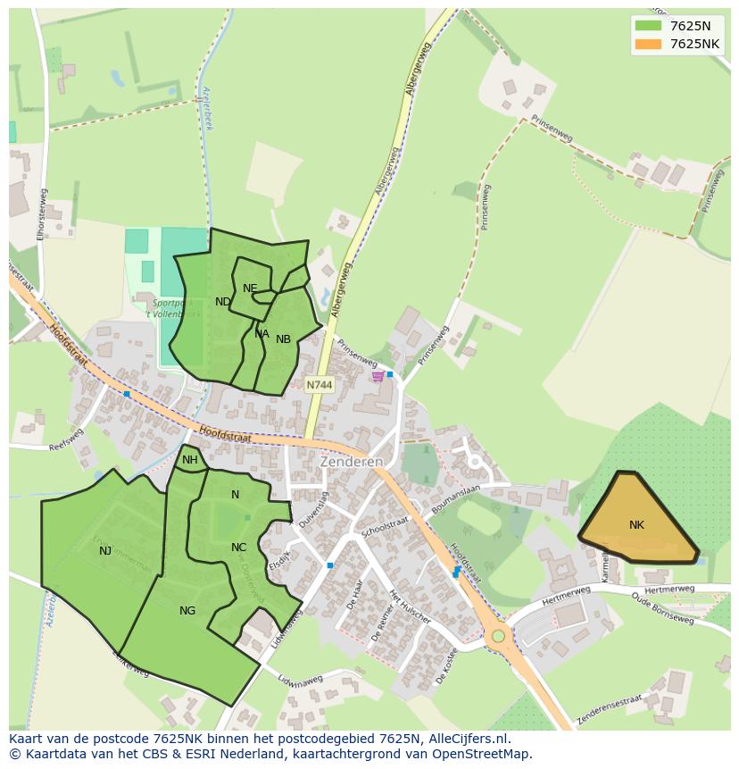 Afbeelding van het postcodegebied 7625 NK op de kaart.
