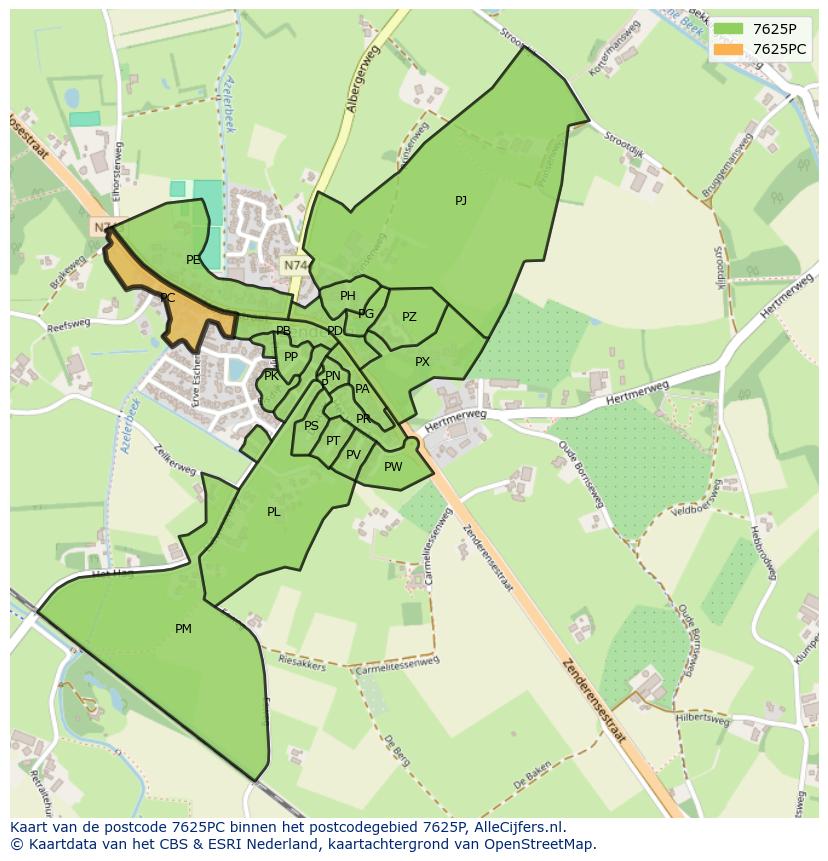 Afbeelding van het postcodegebied 7625 PC op de kaart.