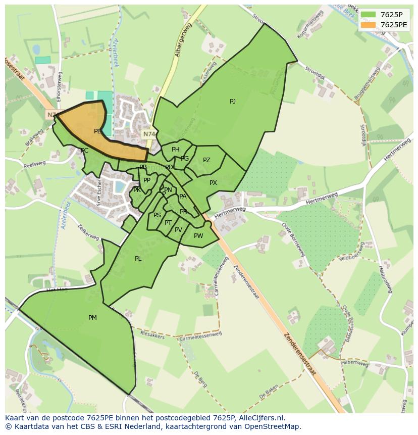 Afbeelding van het postcodegebied 7625 PE op de kaart.