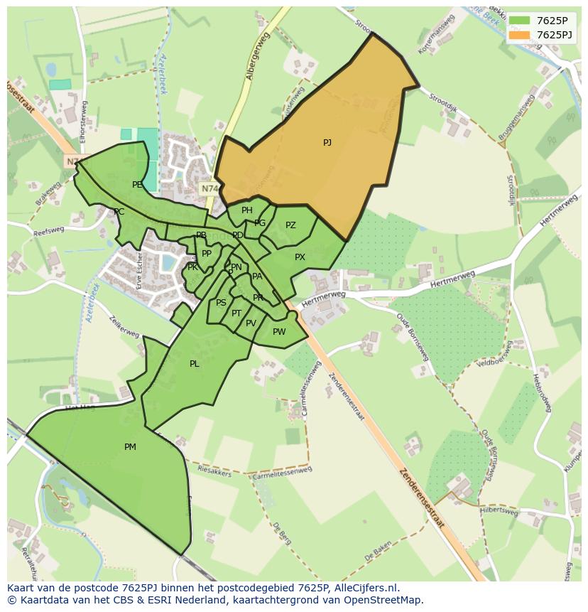 Afbeelding van het postcodegebied 7625 PJ op de kaart.