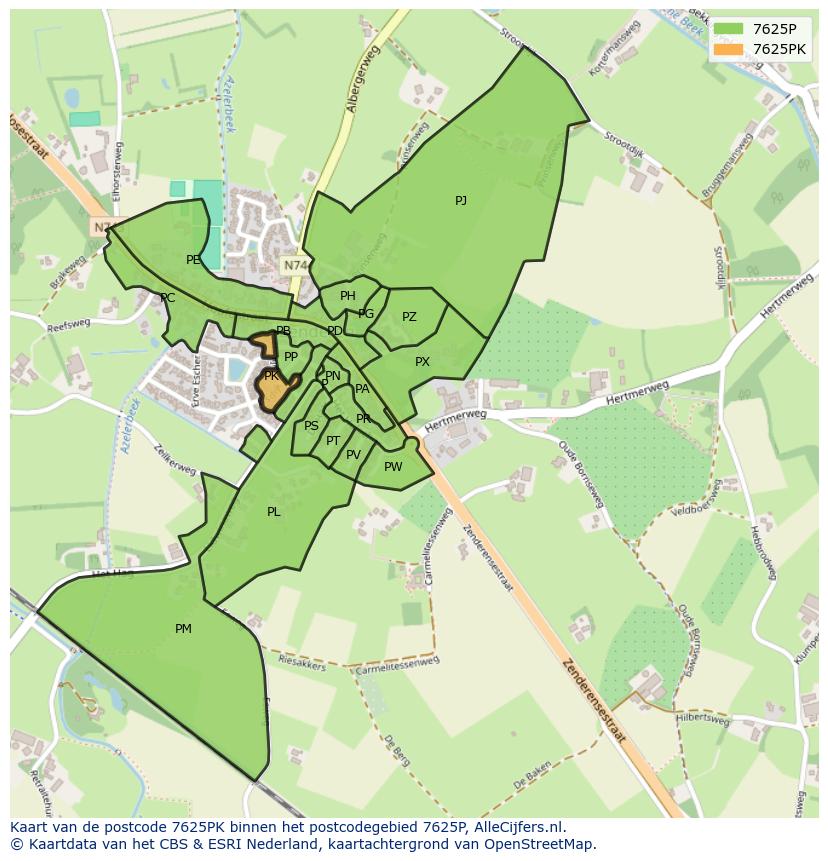 Afbeelding van het postcodegebied 7625 PK op de kaart.