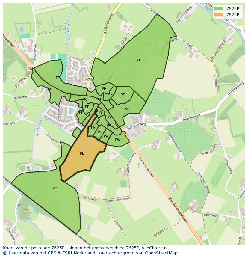Afbeelding van het postcodegebied 7625 PL op de kaart.