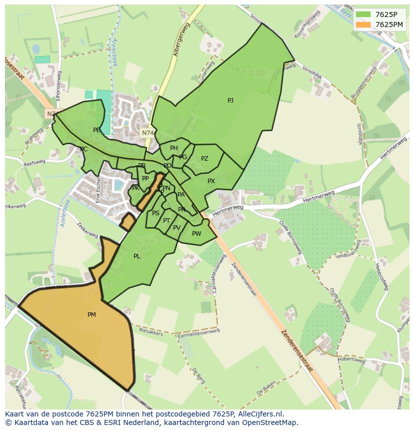 Afbeelding van het postcodegebied 7625 PM op de kaart.