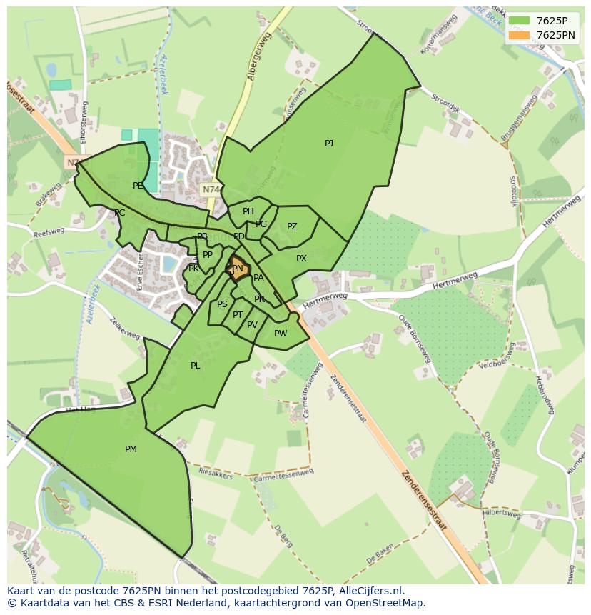 Afbeelding van het postcodegebied 7625 PN op de kaart.