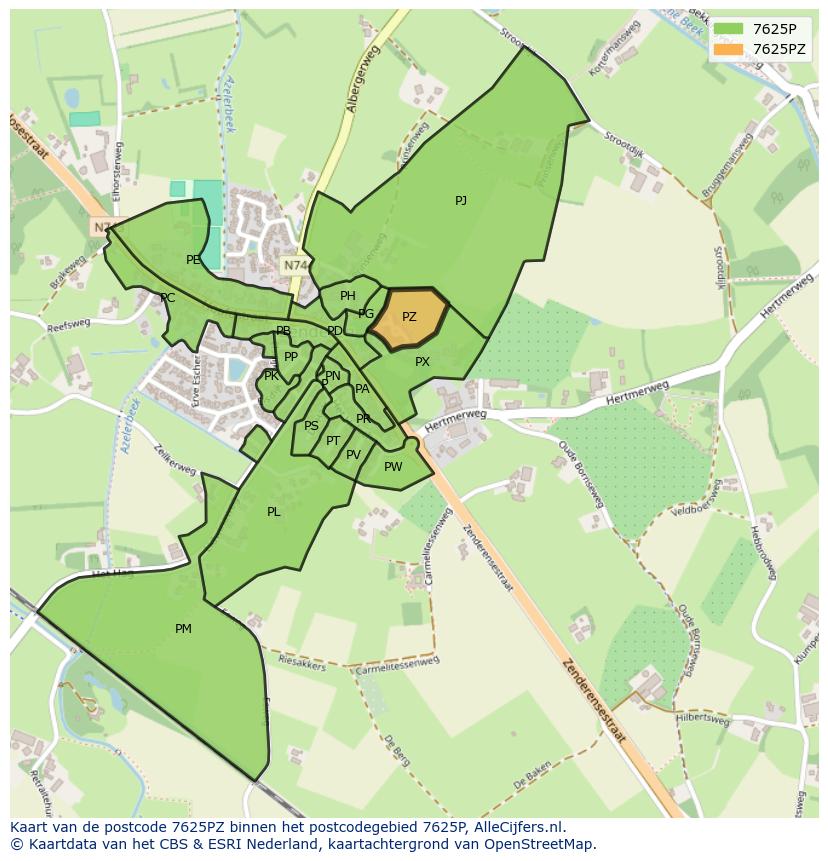 Afbeelding van het postcodegebied 7625 PZ op de kaart.