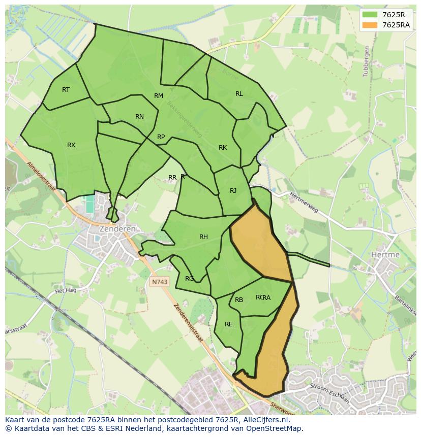 Afbeelding van het postcodegebied 7625 RA op de kaart.