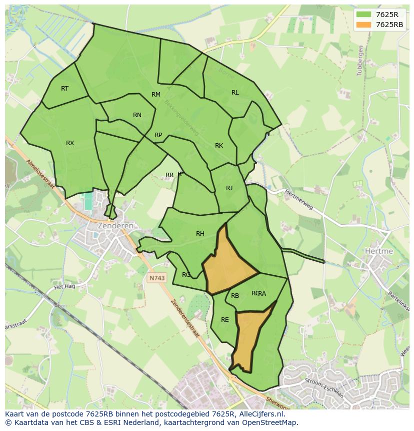 Afbeelding van het postcodegebied 7625 RB op de kaart.