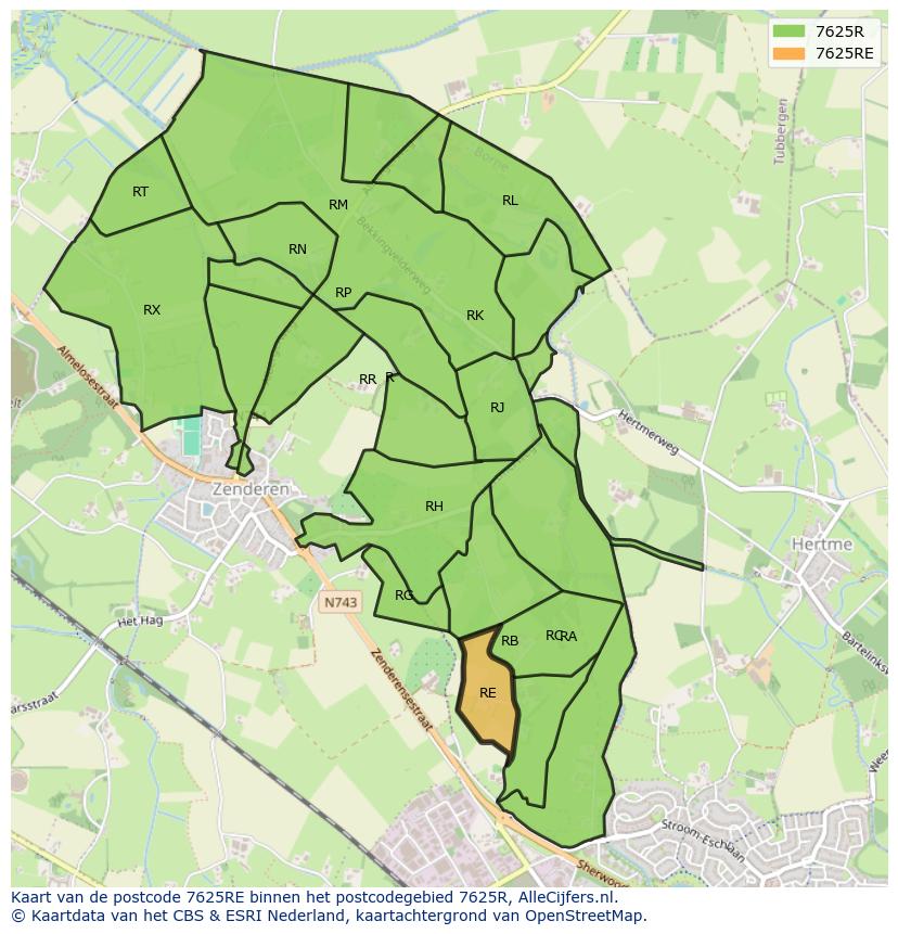 Afbeelding van het postcodegebied 7625 RE op de kaart.