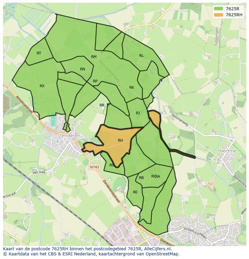 Afbeelding van het postcodegebied 7625 RH op de kaart.