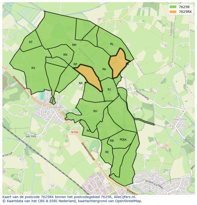 Afbeelding van het postcodegebied 7625 RK op de kaart.