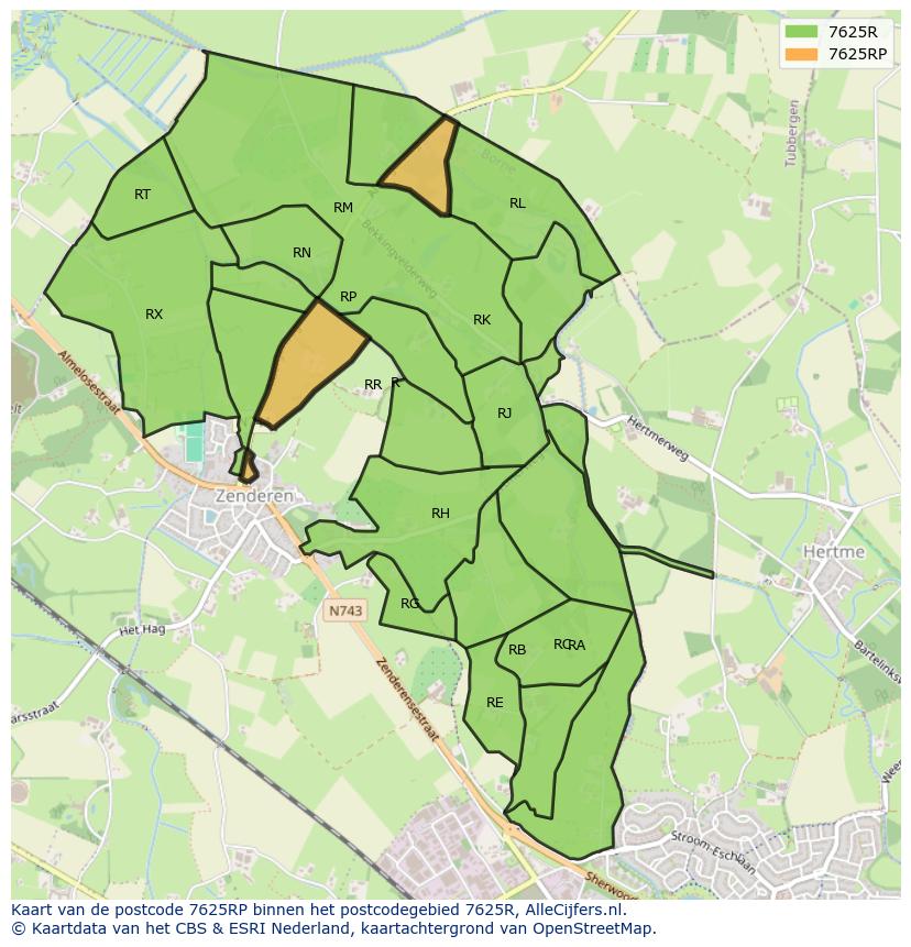 Afbeelding van het postcodegebied 7625 RP op de kaart.