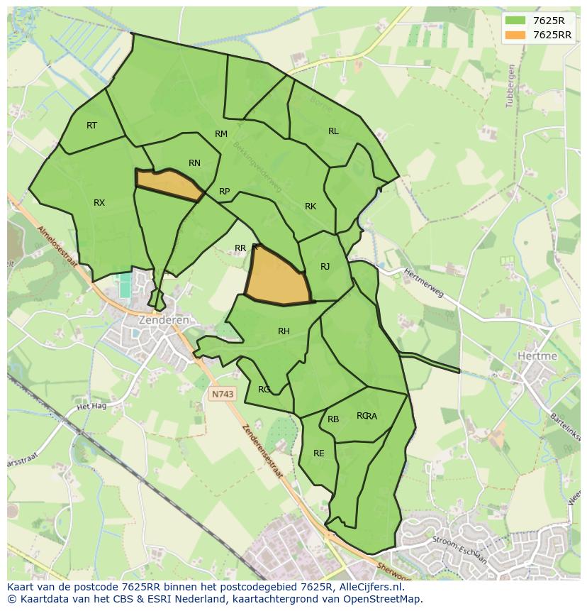 Afbeelding van het postcodegebied 7625 RR op de kaart.