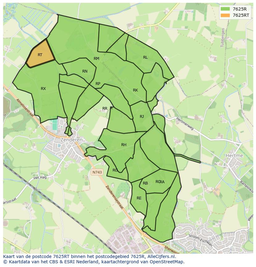 Afbeelding van het postcodegebied 7625 RT op de kaart.