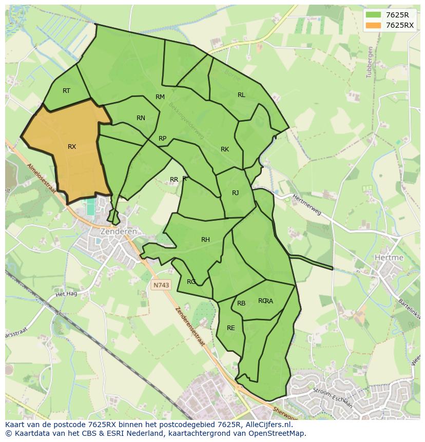 Afbeelding van het postcodegebied 7625 RX op de kaart.
