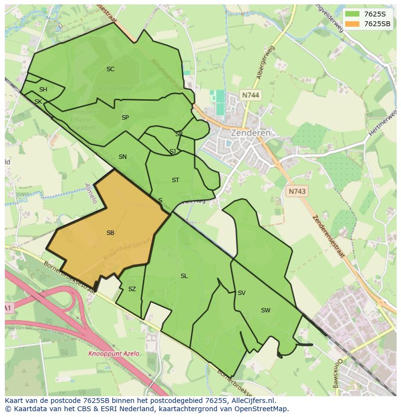 Afbeelding van het postcodegebied 7625 SB op de kaart.