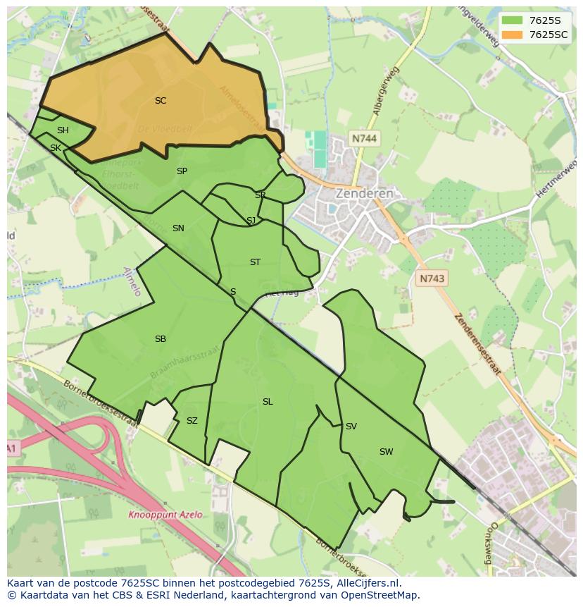 Afbeelding van het postcodegebied 7625 SC op de kaart.