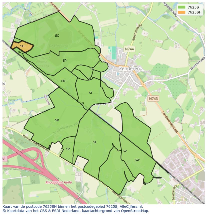 Afbeelding van het postcodegebied 7625 SH op de kaart.