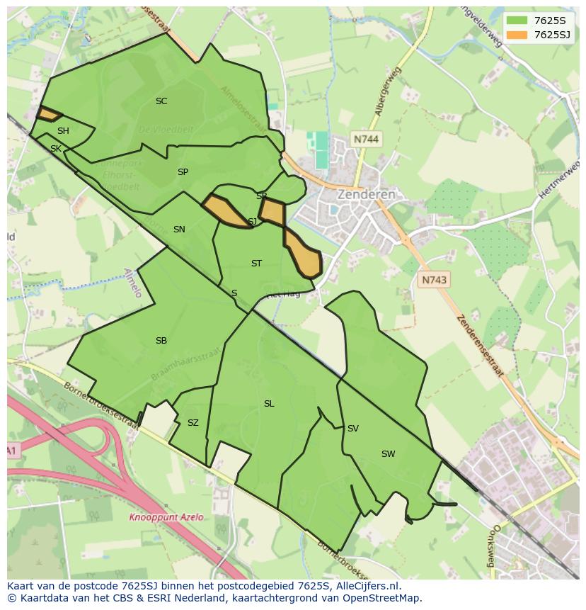 Afbeelding van het postcodegebied 7625 SJ op de kaart.