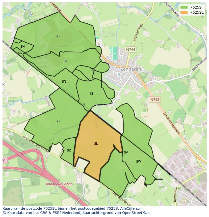 Afbeelding van het postcodegebied 7625 SL op de kaart.