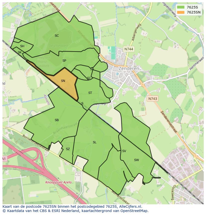 Afbeelding van het postcodegebied 7625 SN op de kaart.