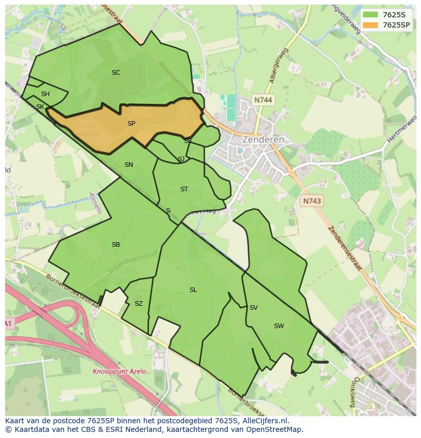 Afbeelding van het postcodegebied 7625 SP op de kaart.