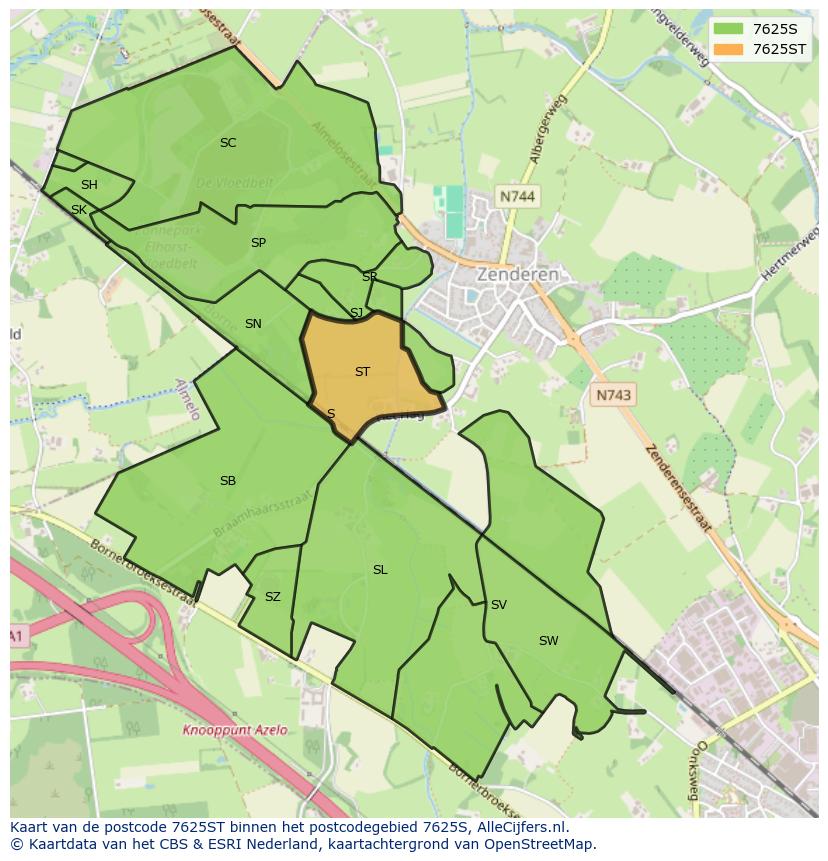 Afbeelding van het postcodegebied 7625 ST op de kaart.