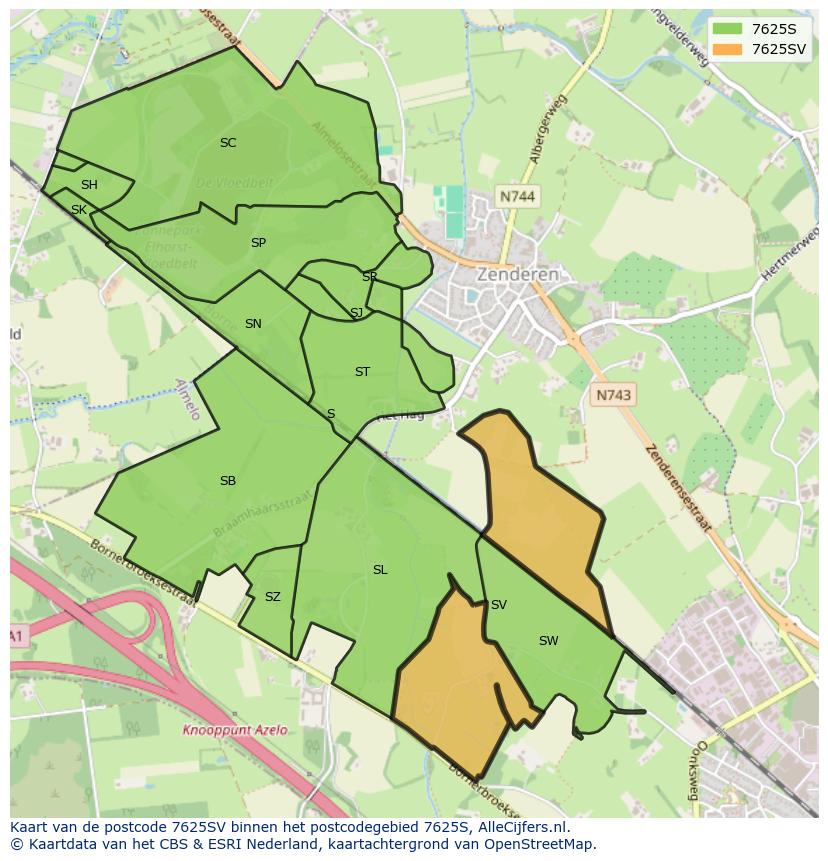 Afbeelding van het postcodegebied 7625 SV op de kaart.
