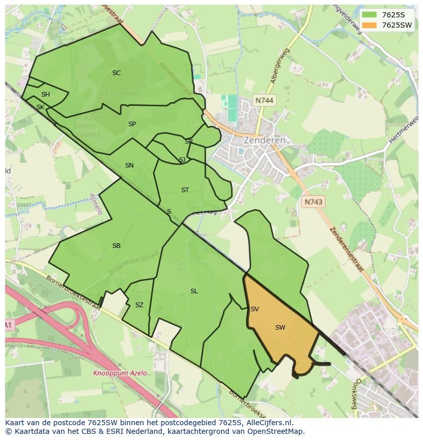 Afbeelding van het postcodegebied 7625 SW op de kaart.