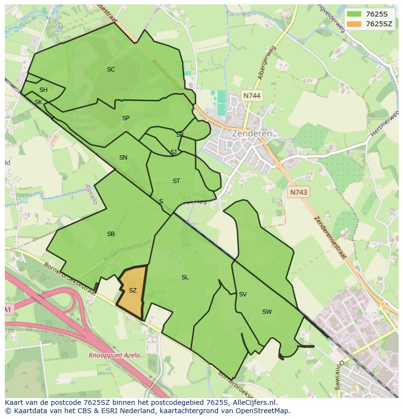 Afbeelding van het postcodegebied 7625 SZ op de kaart.