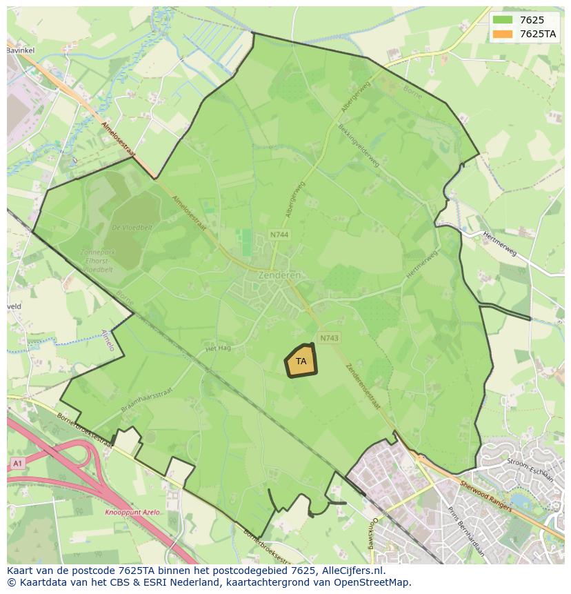 Afbeelding van het postcodegebied 7625 TA op de kaart.