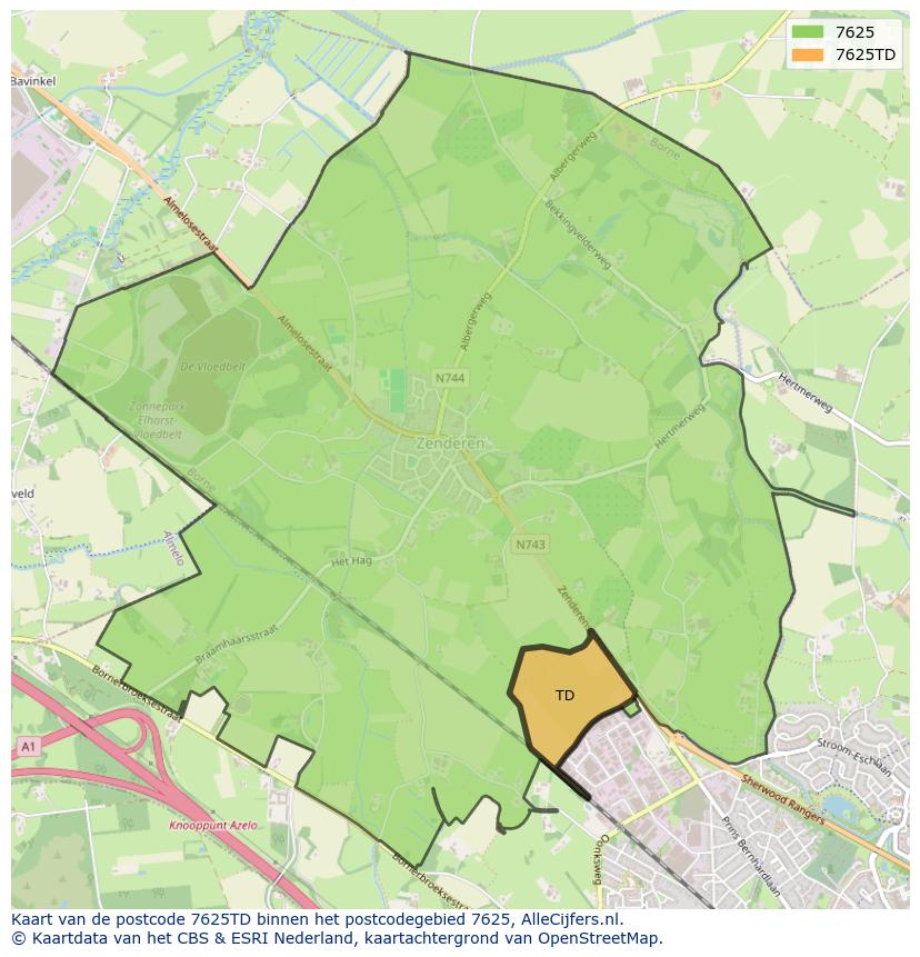 Afbeelding van het postcodegebied 7625 TD op de kaart.