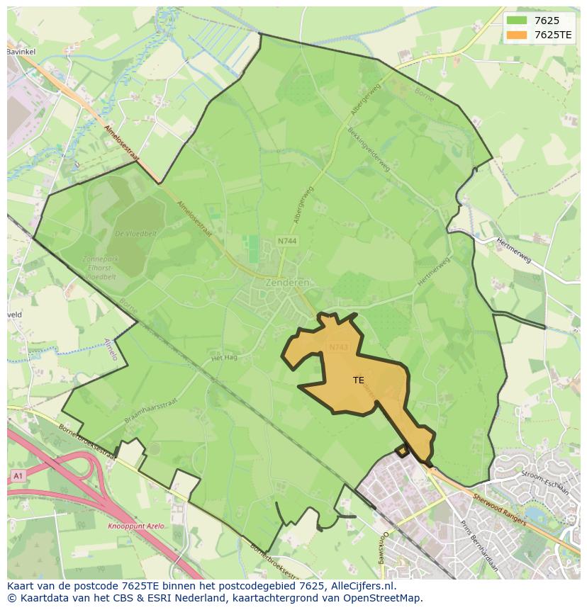 Afbeelding van het postcodegebied 7625 TE op de kaart.