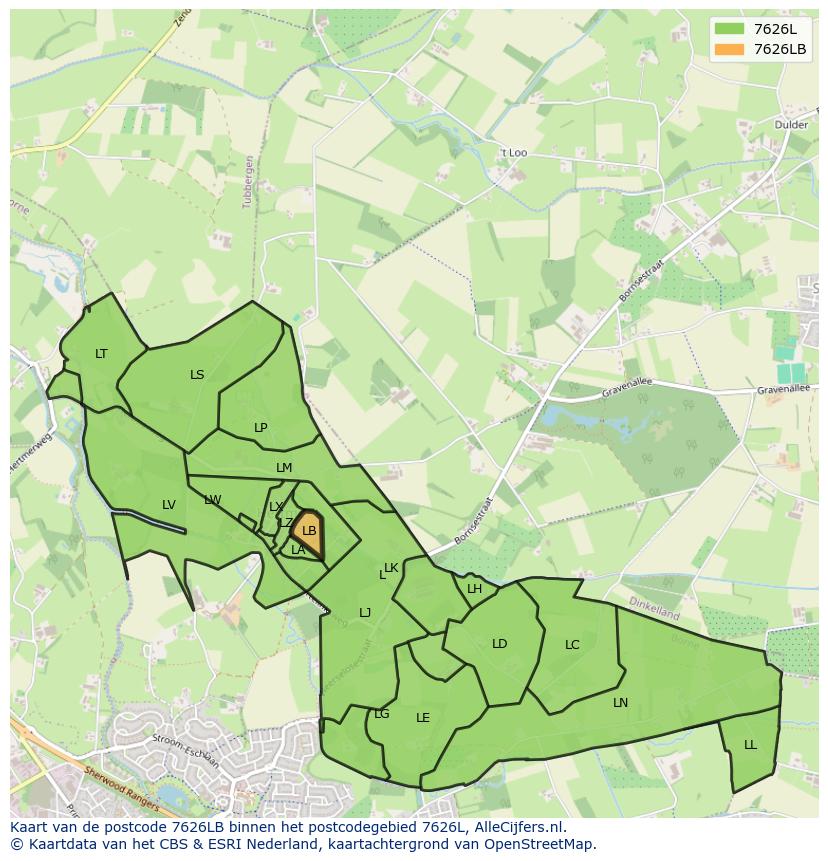 Afbeelding van het postcodegebied 7626 LB op de kaart.
