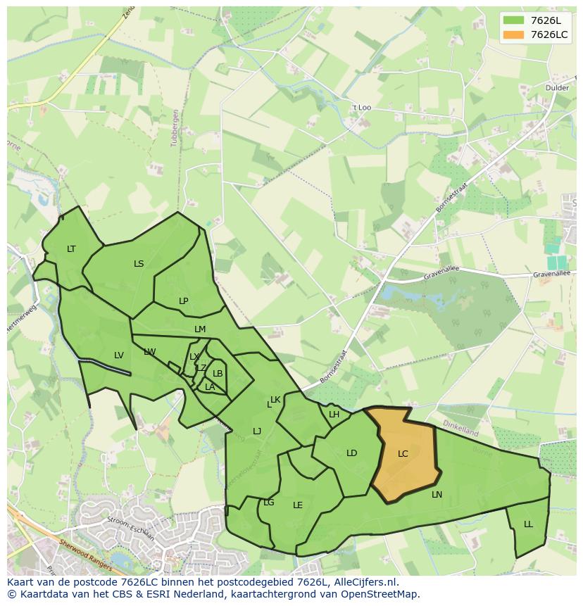 Afbeelding van het postcodegebied 7626 LC op de kaart.