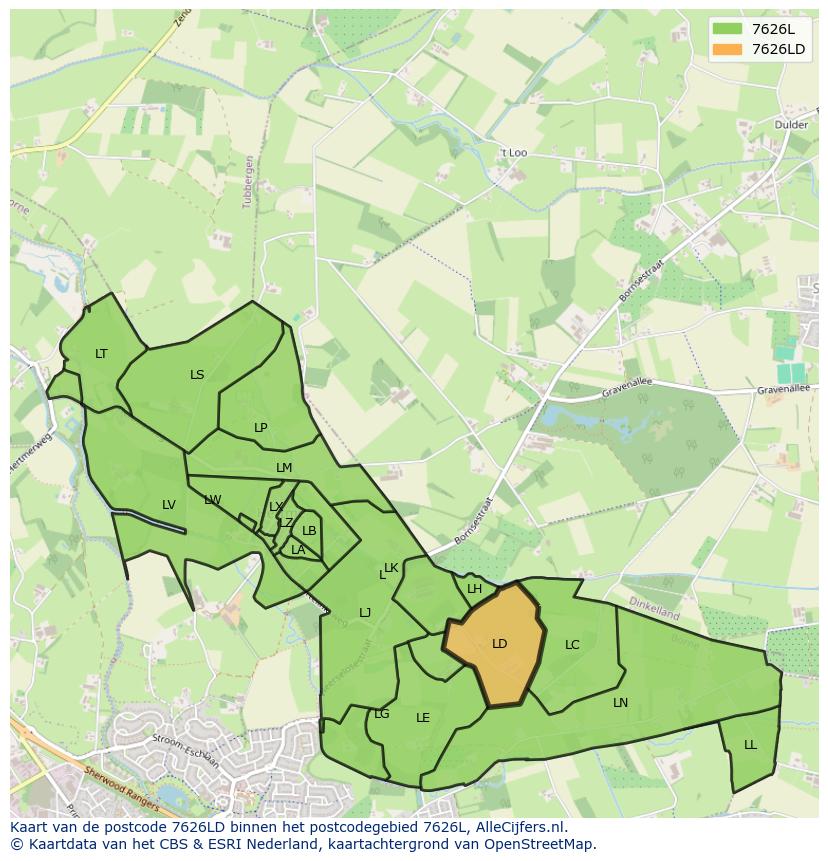 Afbeelding van het postcodegebied 7626 LD op de kaart.