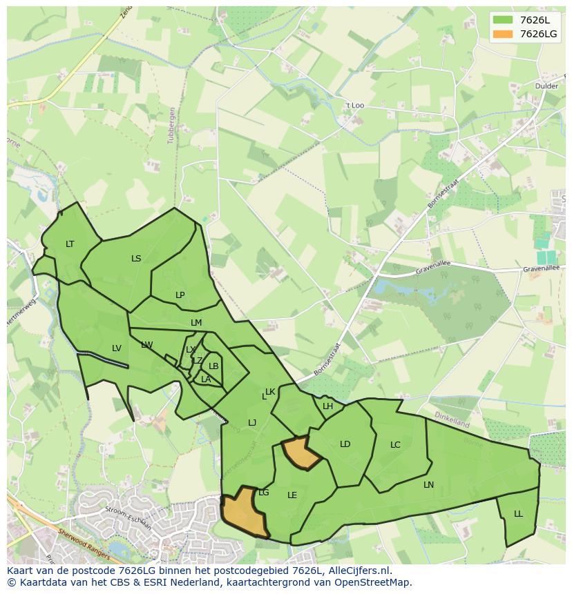 Afbeelding van het postcodegebied 7626 LG op de kaart.
