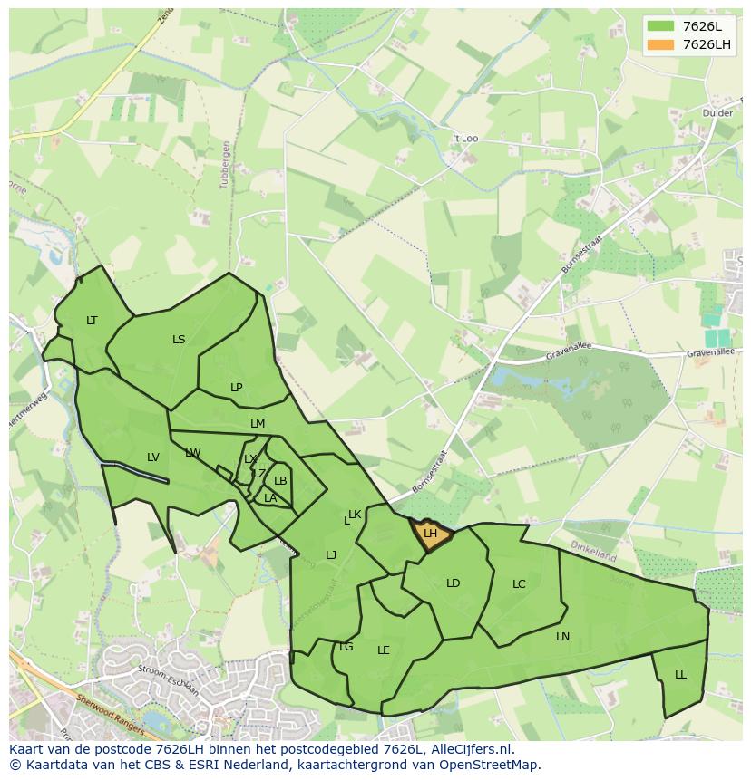 Afbeelding van het postcodegebied 7626 LH op de kaart.